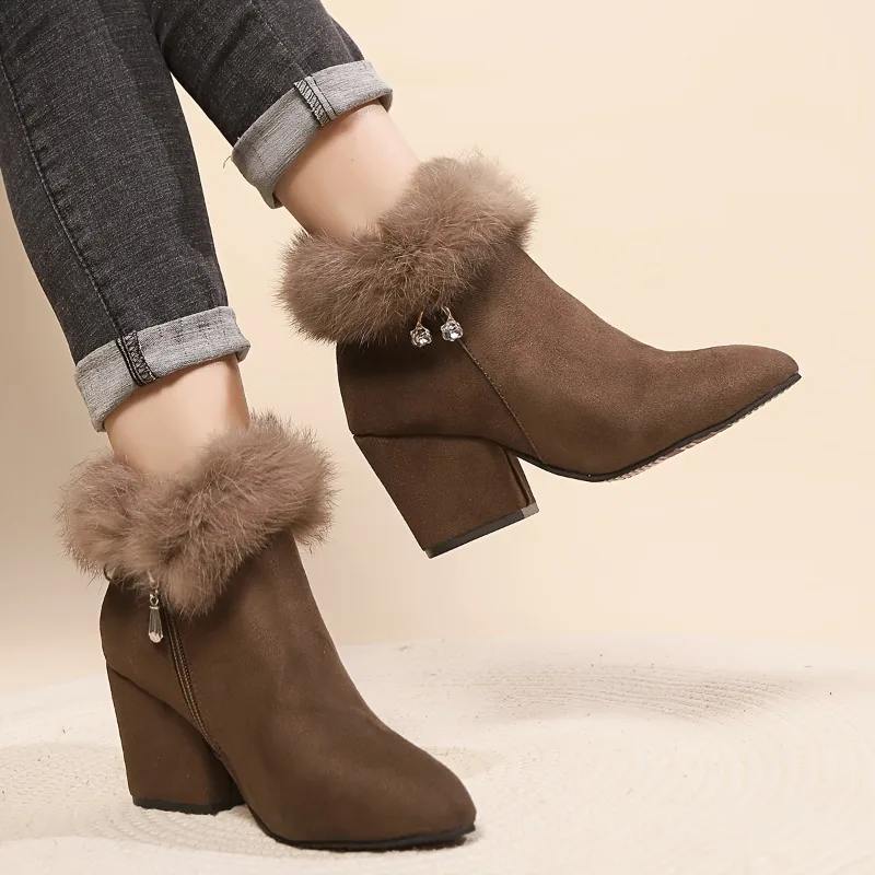 Botines de cuña para mujer de invierno, zapatos de tacón con plataforma de diamantes de imitación de Metal, Botas cómodas de felpa para mujer