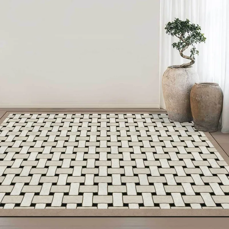 New Medieval Style Simple Geometric Weaving Square Beige Brown Living Room Bedroom Bedside Carpet Non-slip Floor Mat