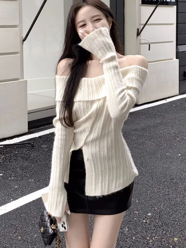 Zoki Chic Slash Neck Sweaters Women Sexy Off Shoulder Elegant Knitted Pullovers Korean Long Sleeve Sweet Female Fashion Jumpers