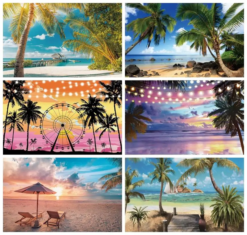 Laeacco Summer Sea Backdrops Sky Clouds Tropical Beach Palms Trees Photography Backgrounds For Photo Studio Photocall Photozone