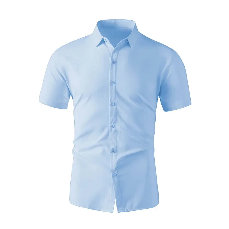 Nueva camisa informal de negocios de manga corta de Color sólido para hombre, moda de verano, sin planchar, Top cómodo y versátil