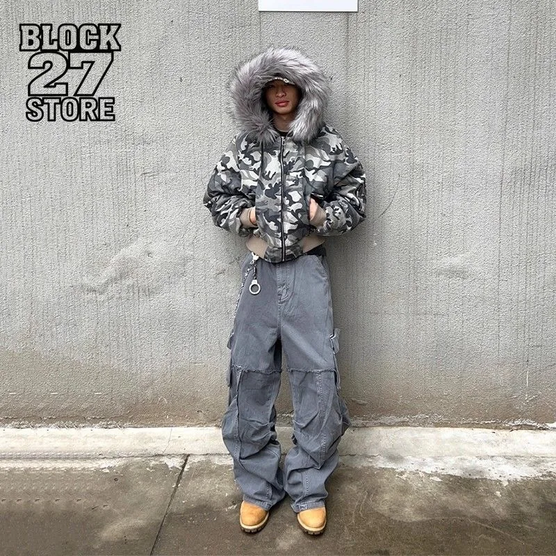 Mens Jacket Washed Camouflage Raglan Sleeve Hooded Fur Collar Bomber Cotton Coat Winter Thick Warm Streetwear Harajuku Fashion