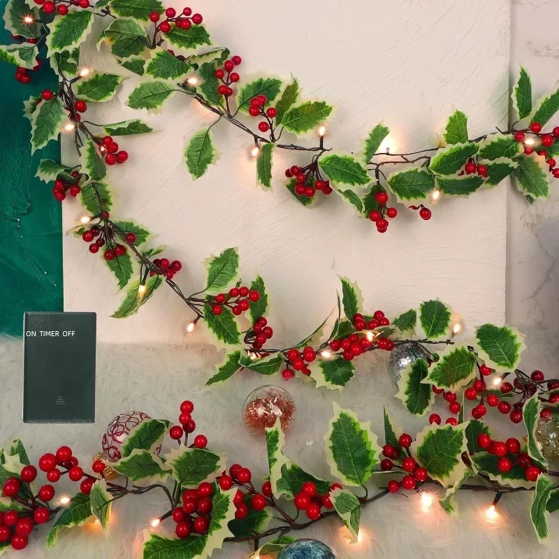 Artificial Holly Leaves Vine Garland with Light Strings Red Berries Wreath Hanging Ornament for DIY Xmas Tree Home Party Decors