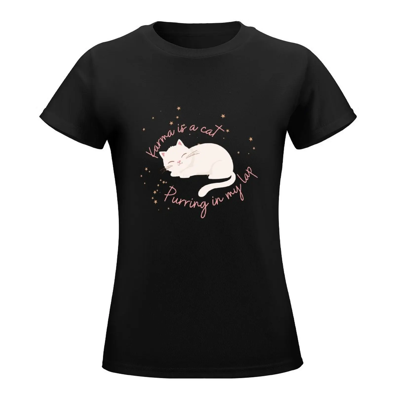 Karma is a cat purring in my lap - cute sleeping cat and stars T-Shirt customs animal print shirt for girls t shirts for Womens