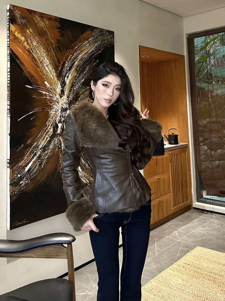 

Женская ретро-куртка XZY больших размеров из искусственного меха, с высокой талией, осенне-зимняя, повседневная, высокого качества, модная