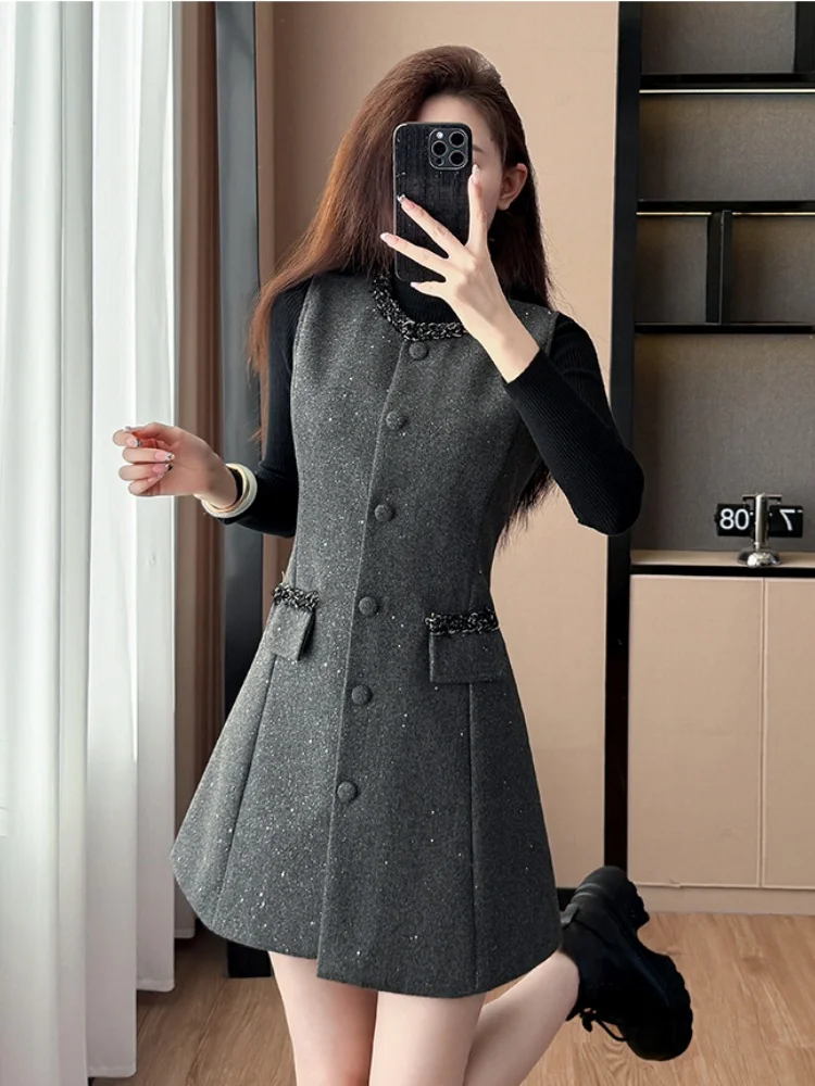 SMTHMA Koreanische High-End-Neue Mode Woolen Einreiher Ärmellose Luxus Perlen Weste Kleid + Gestrickte Pullover Zwei-stück Set