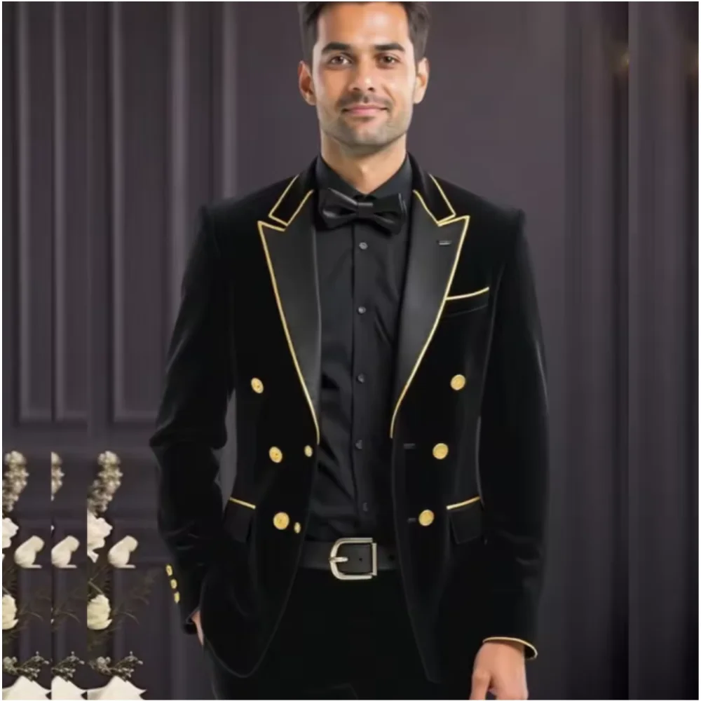 

Bespoke Men Suits Black Velvet 2 Pieces Jacket Pants Peaked Lapel Double Breasted Wedding Groom Prom Smart Formal Casual Outfits