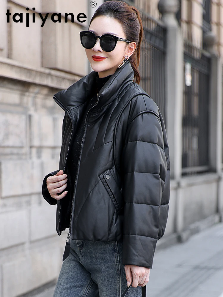 معطف جلد الغنم الحقيقي من TAJIYANE معاطف نسائية قصيرة من ريش الإوز سترة سميكة من الجلد الطبيعي 2025 ملابس نسائية شتوية