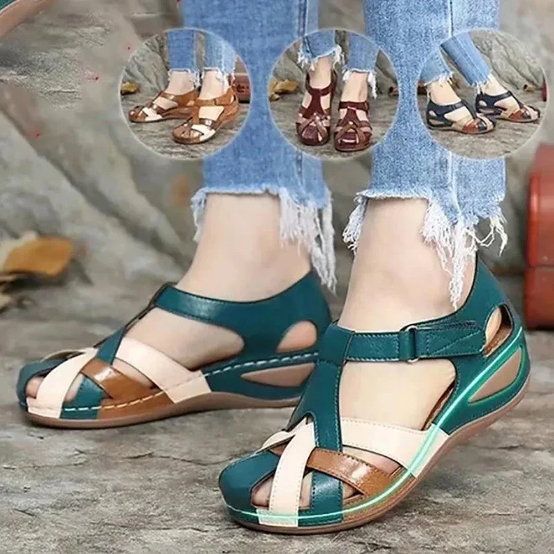 

Sandalias redondas SLI de las mujeres, zapatos casucómodos para el aire libre, zapatos planos de gran tamaño para el verano,