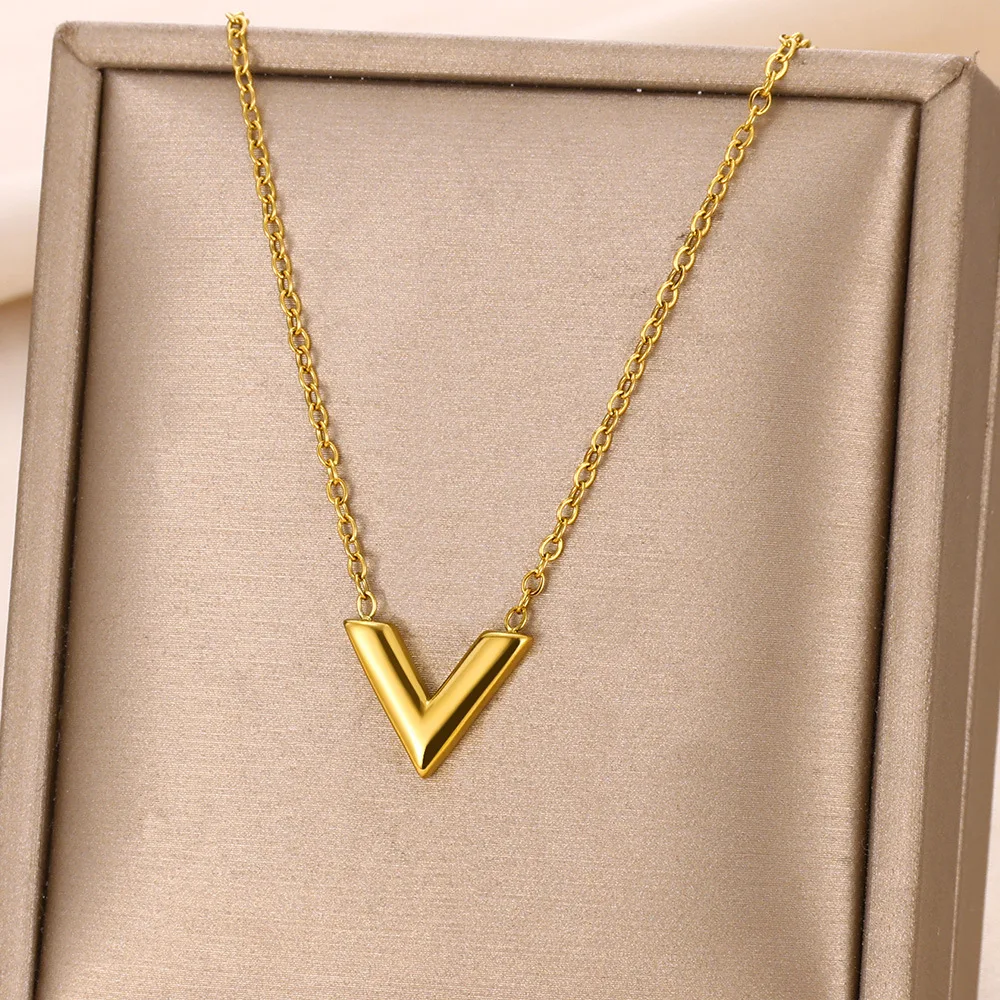 Stainless Steel V letter necklace Necklace For Women Gold Color summer collarbone chain Necklace Female Praty Jewelry Gifts