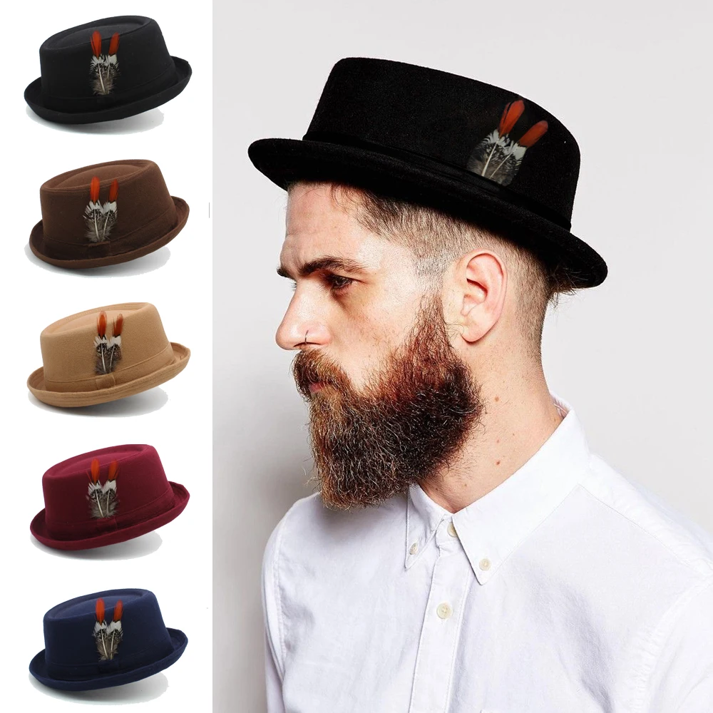 Men Women Woolen Wool Blend Feather Band Pork Pie Hats Fedora Trilby Sunhat Street Style Classical Cap Travel Size US 7 3/8 UK L