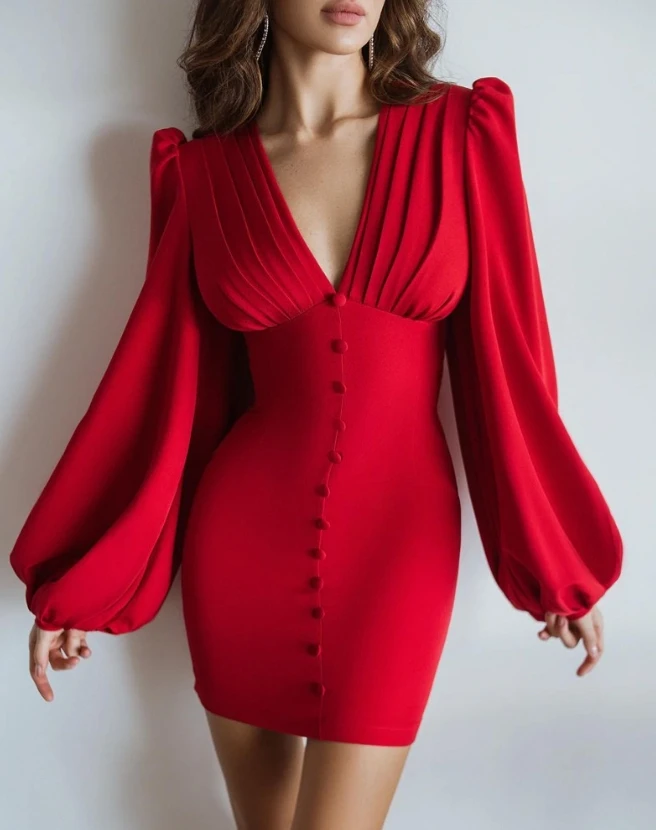 2023 Fashion Fall Dresses for Women Elegant Luxury Plunge Ruched Button Long Sleeve Lantern Sleeve Party Night Skinny Mini Dress