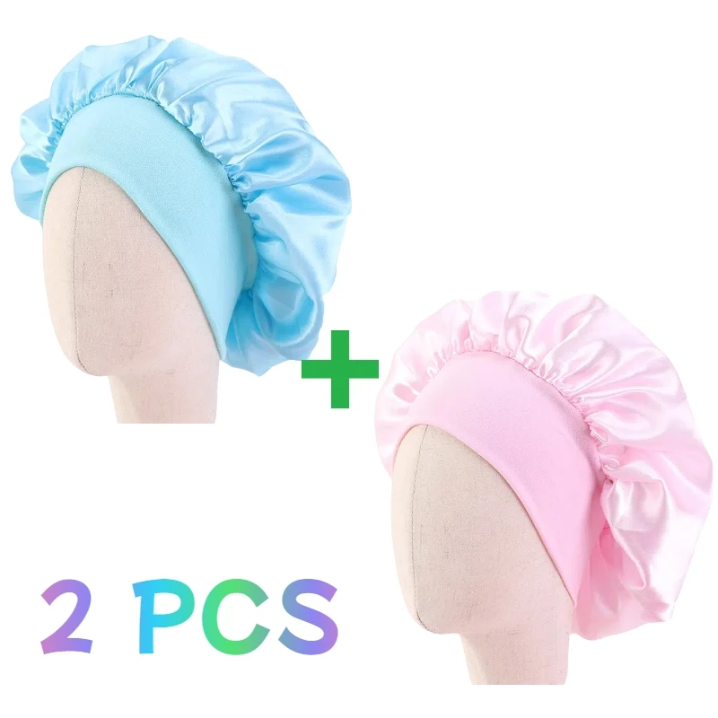 2 PCS Kids Girls Boys Silky Satin Bonnet Cap Turban Hat Wide Elastic Bands Night Sleep Cap