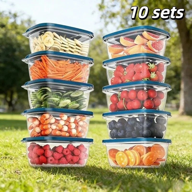 10 Sets of Food Preservation Boxes, Stackable and Sealed Storage, Rectangular Design Saves Space, Durable and Reusable Materials