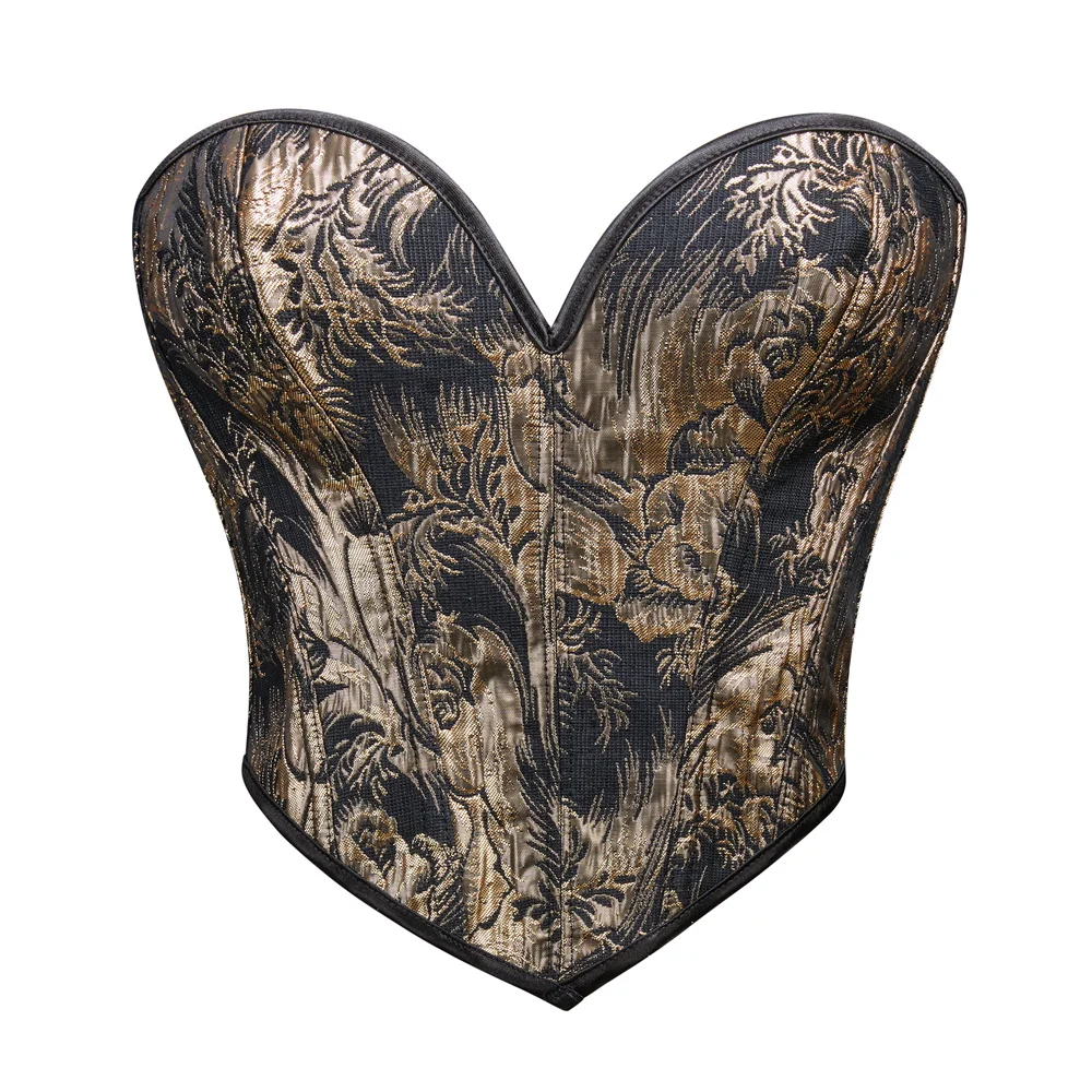 

Women Fashion Black Gold Print Overbust Corsets Crop Top Back Lace-up Body Shaper Lingerie Sexy Off Shoulder Bustiers