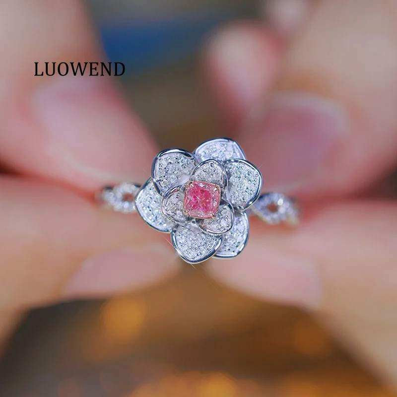 LUOWEND 100% 18K White Gold Rings Luxury Flower Shape Real Natural Pink Diamond Engagement Ring for Women High Party Jewelry
