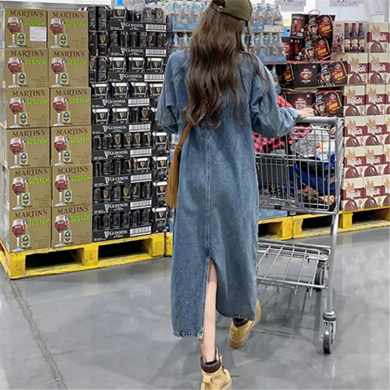 Vintage Washed Denim Dress for Women 2023 Spring New Long Sleeve Lapel Casual Loose Streetwear Chic Cowboy Maxi Dresses 2303