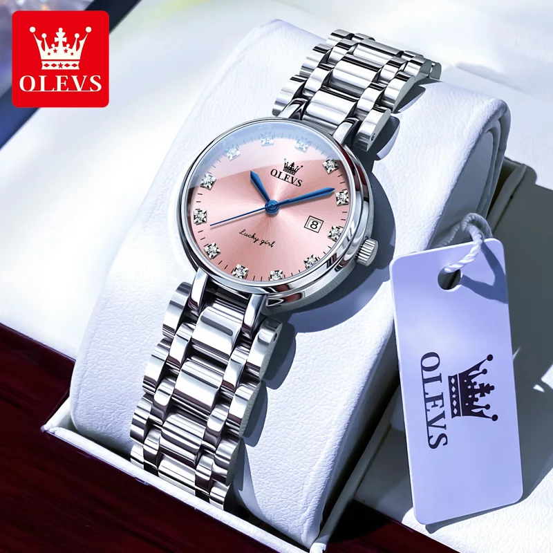 

OLEVS Brand Fashion Pink Quartz Watch for Women Stainless Steel Waterproof Calendar Luxury Diamond Watches Womens Dress Watch