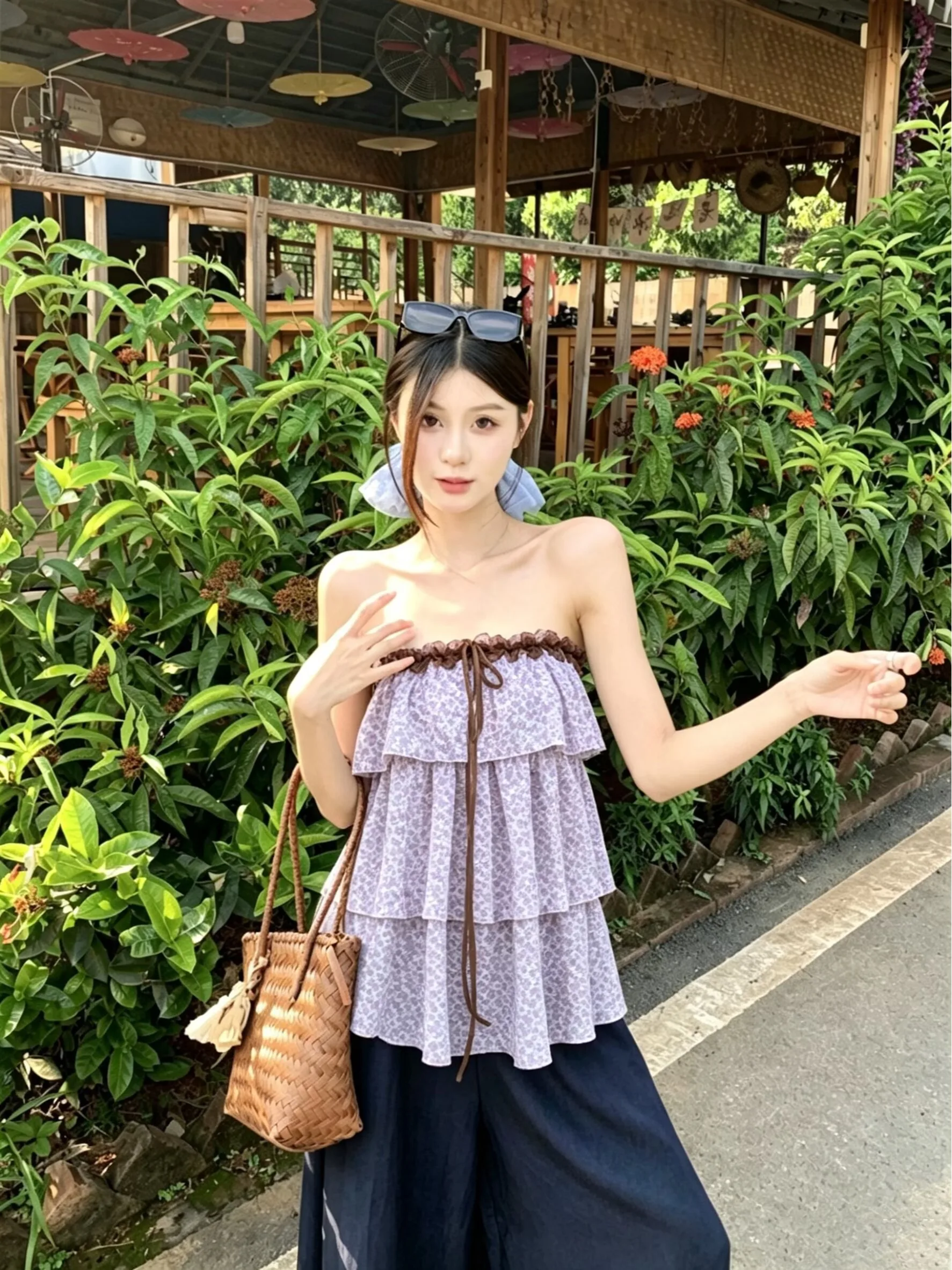 

Early Girl Floral Contrast Color Ruffle Trim Tube Top Summer New Style Women's Overhead Match All Clothes Short Shirt