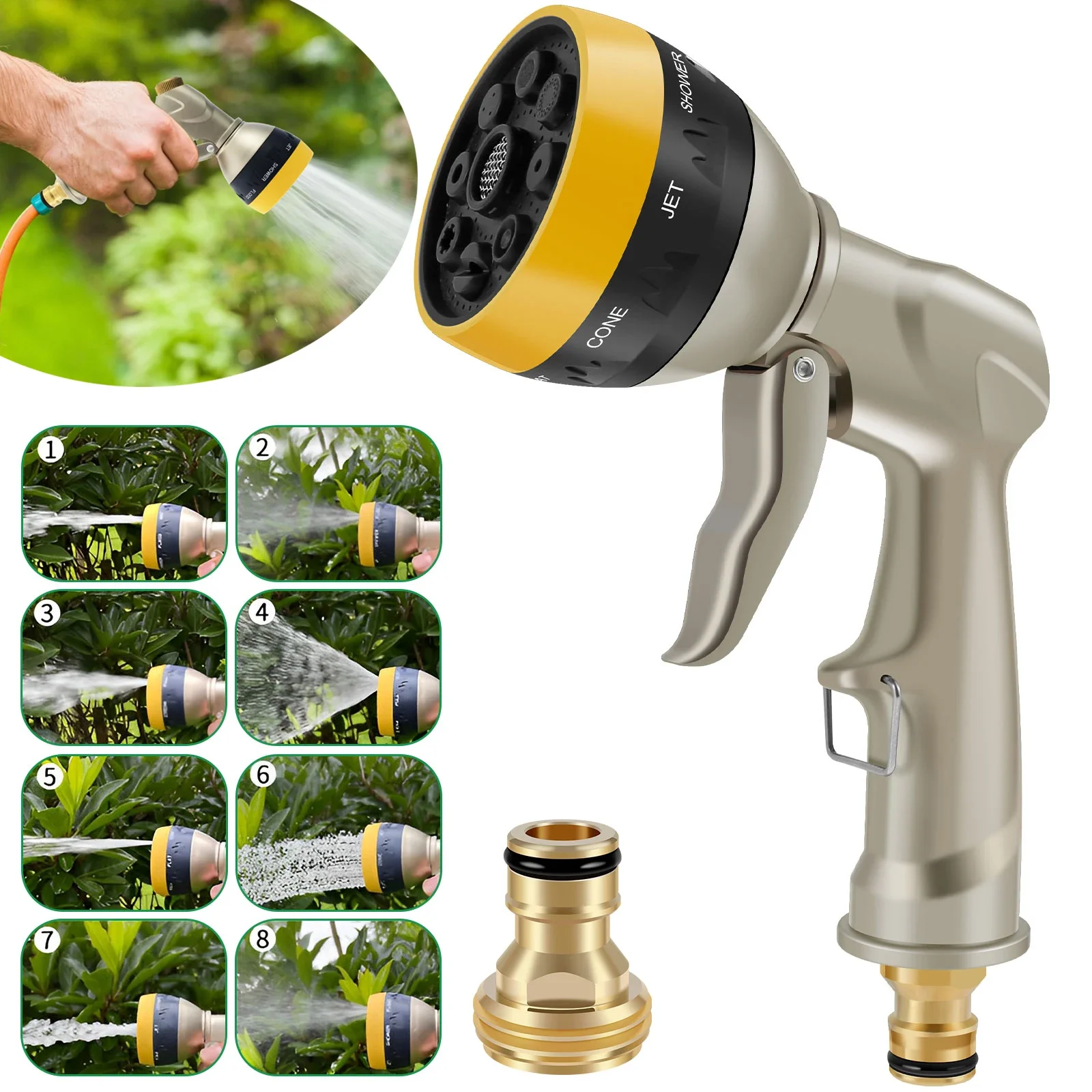

Watering Gun with 8 Adjustable Modes Garden Water Gun High Pressure Water Hose Spray Head Lawn Watering Sprinkler