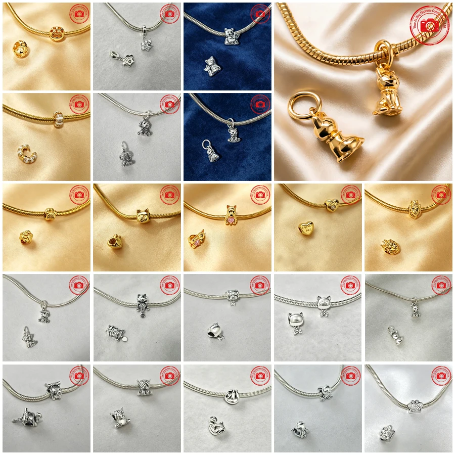 Hot Sale Charm DIY Jewelry Gifts Pink Pet Cat & Pet Dog Highland Cow Lion Tiger Sparkling Paw Print Beads Fit Original Bracelets