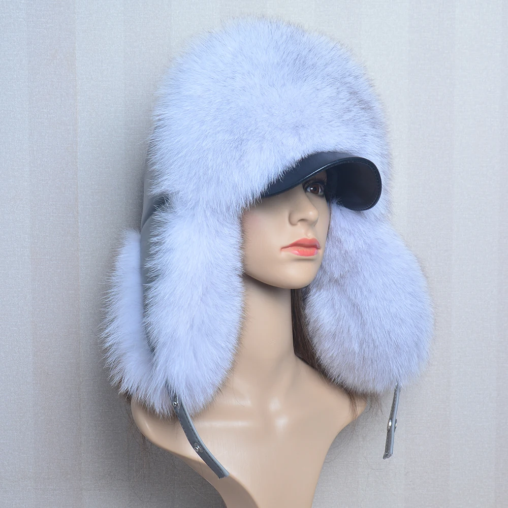 Genuine Silver Fox Fur Hat with Ear Flaps Real Natural Fur Caps for Russian Women Bomber Hats Trapper Cap with Real Leather Top