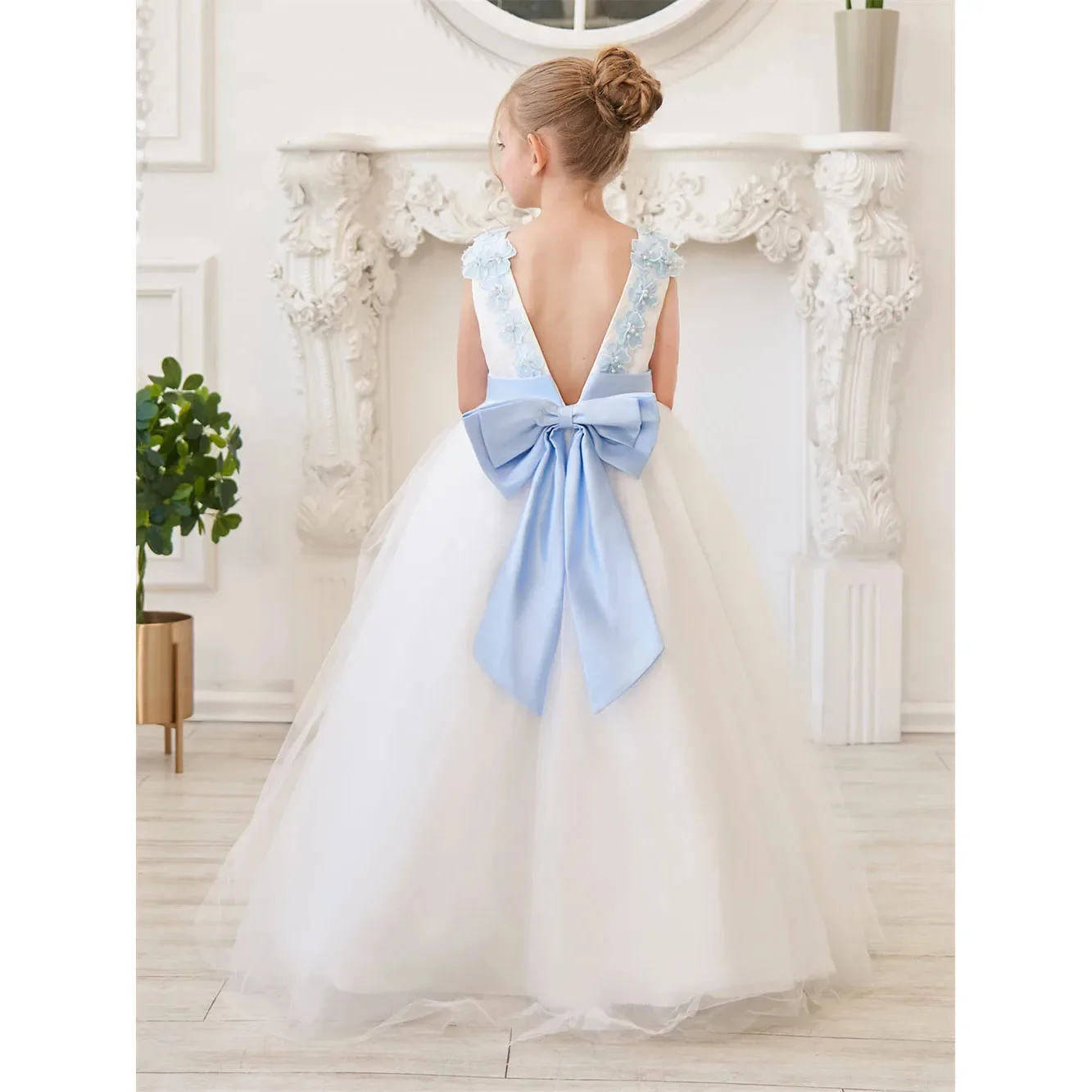 فستان فتاة الزهور الأنيق لحفلات الزفاف بدون ظهر مع فيونكة الأميرة وصيفة العروس أول مناولة للمناسبات الرسمية فستان حفلات مخصص