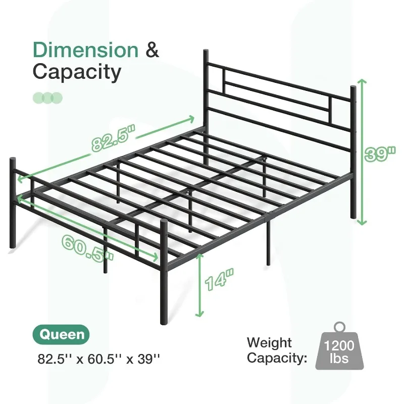 Queen Bed Frame with Headboard and Footboard, 14 Inch Metal Platform Bed Frame Queen Size, Large