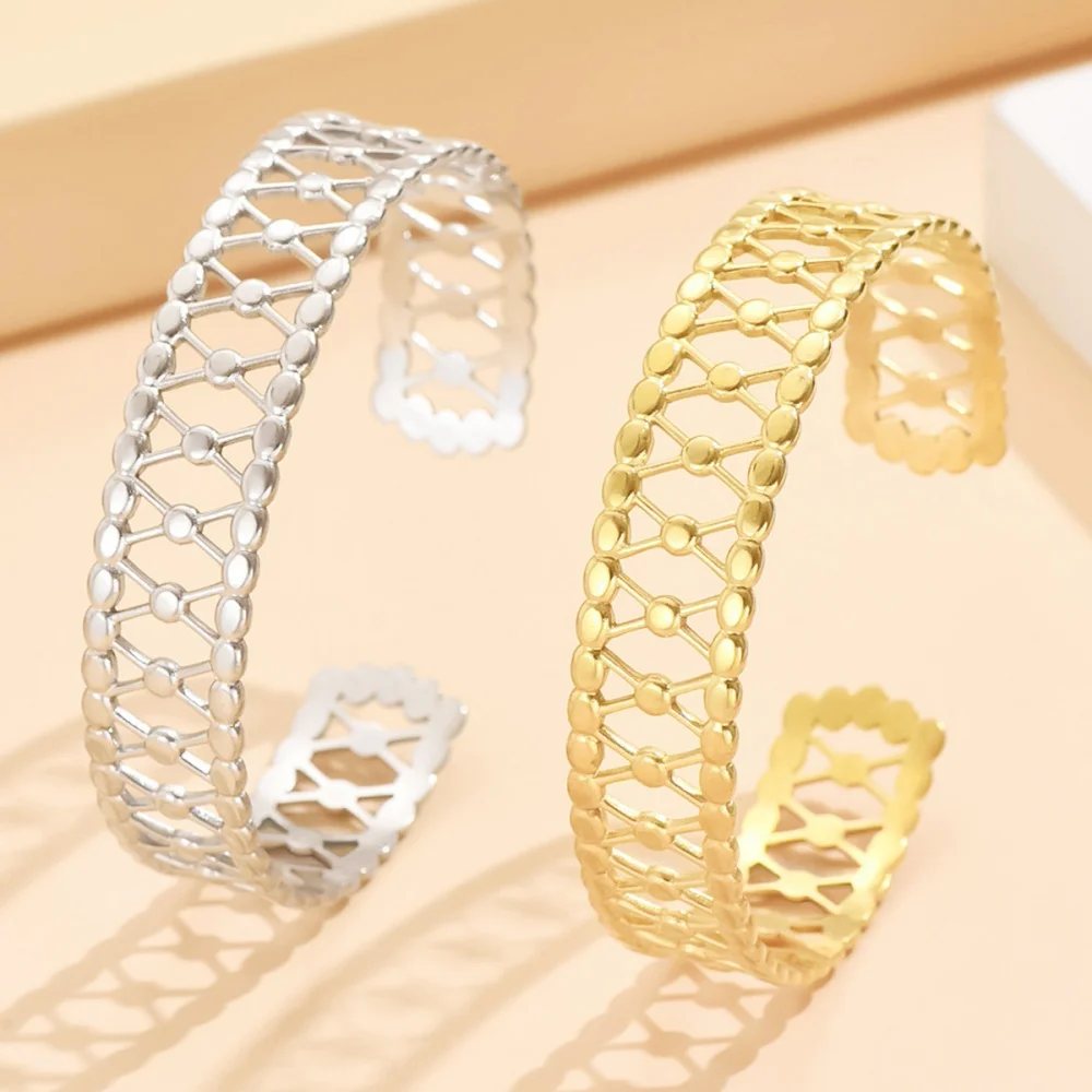 Bracelet manchette ouvert à lignes géométriques creuses pour femme, en acier inoxydable couleur or vintage, bijou minimaliste pour mariage, cadeau
