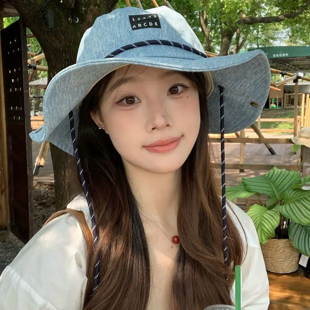 

Retro Sunscreen Western Cowboy Hat Lightweight Japanese Style Fisherman Hat Wide-Brimmed Blue Denim Bucket Hat Camping