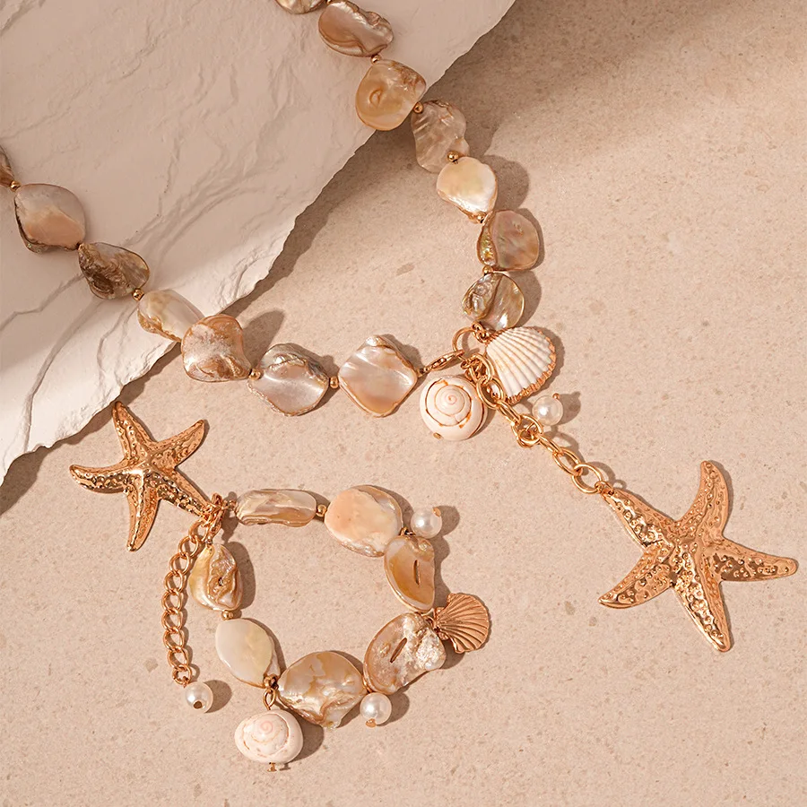 Boho Starfish Pendant Necklace Bracelet Jewelry Set Women's Fashion Ocean Series Shell Chain Necklace Summer Beach Accessories