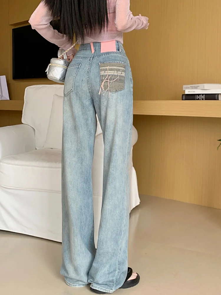 

Slergiri Vintage Pocket Embroidered Straight Leg Jeans Women Spring 2024 Korean Fashion Y2k High Waist Full Length Trousers