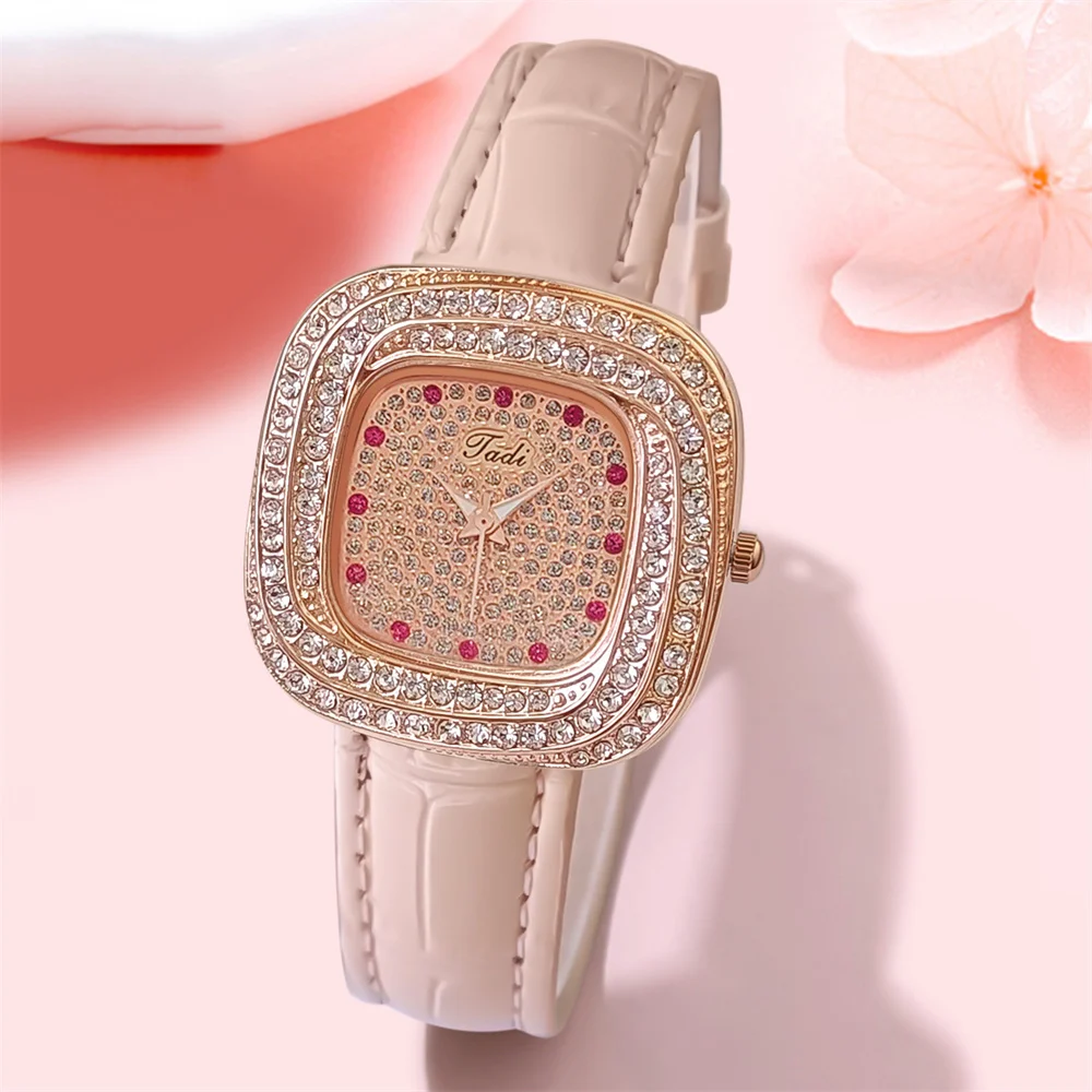 Fashion Square Ladies Luxury Full Star Diamonds Quartz Watch Casual Pink Leather Women\'s Gift Clock Wristwatch