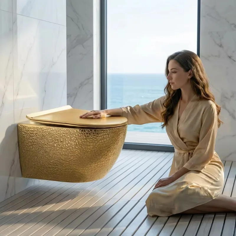Tankless Wall Hung Gold Toilet Wall Mounted Sanitary Ware Bathroom WC Courtyard