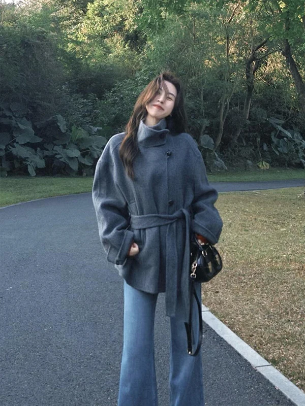 

Ele ey Wool Camere Coat Women's ort Thiened Winter New Sle Straight Tube ape Button ket Long Sve Pure C...