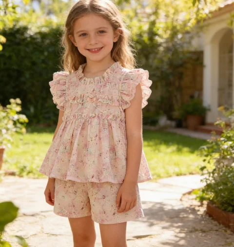 

Two Piece Set Girls' Summer 2026 New Style Lace Short Sleeved Shorts Fashion and Beautiful Kids Suit