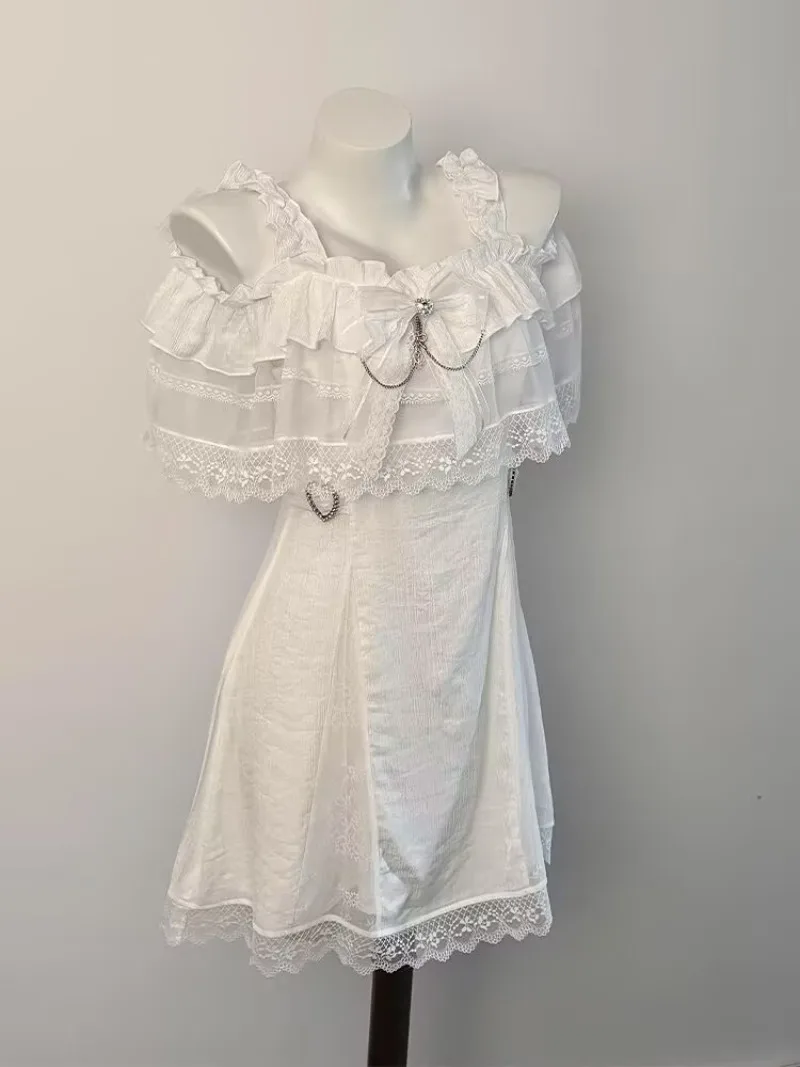 Kawaii فتاة لطيف الصيف الألغام نمط اليابانية ثقافة فرعية قصيرة الأكمام فساتين الدانتيل فتاة حلوة تنورة قصيرة Y2k فستان أبيض