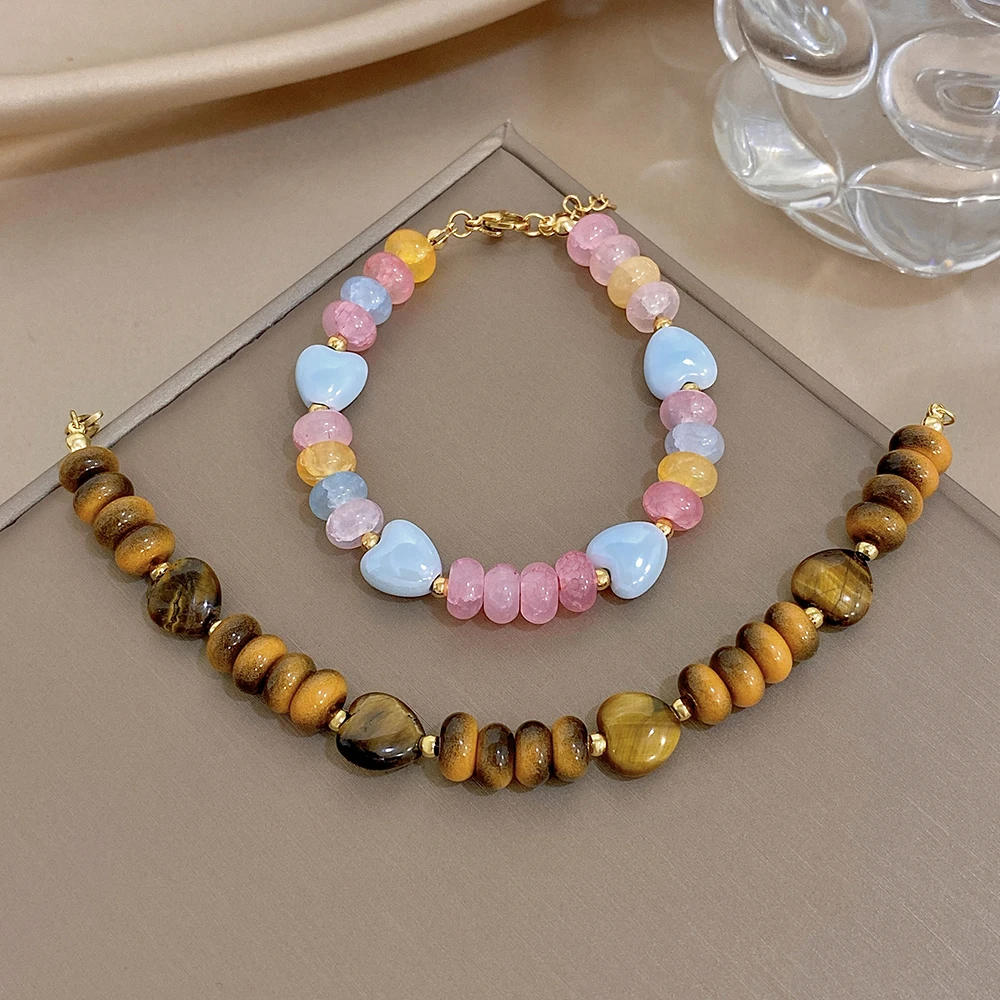 DODOHAO Elegant Tiger Eye Stone Natural Stone Heart Shaped Beaded Bracelet for Women Waterproof Stainless Steel Bangle Jewelry