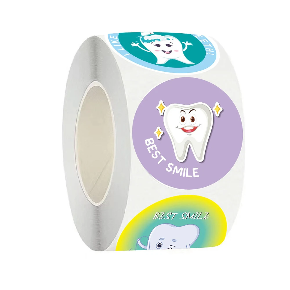 Cute Cartoon Dental Tooth Aesthetic Stickers Roll, Forma dos dentes, Etiquetas de vedação, Decalque para diário, laptop, geladeira, criança, brinquedo de recompensa, 500pcs