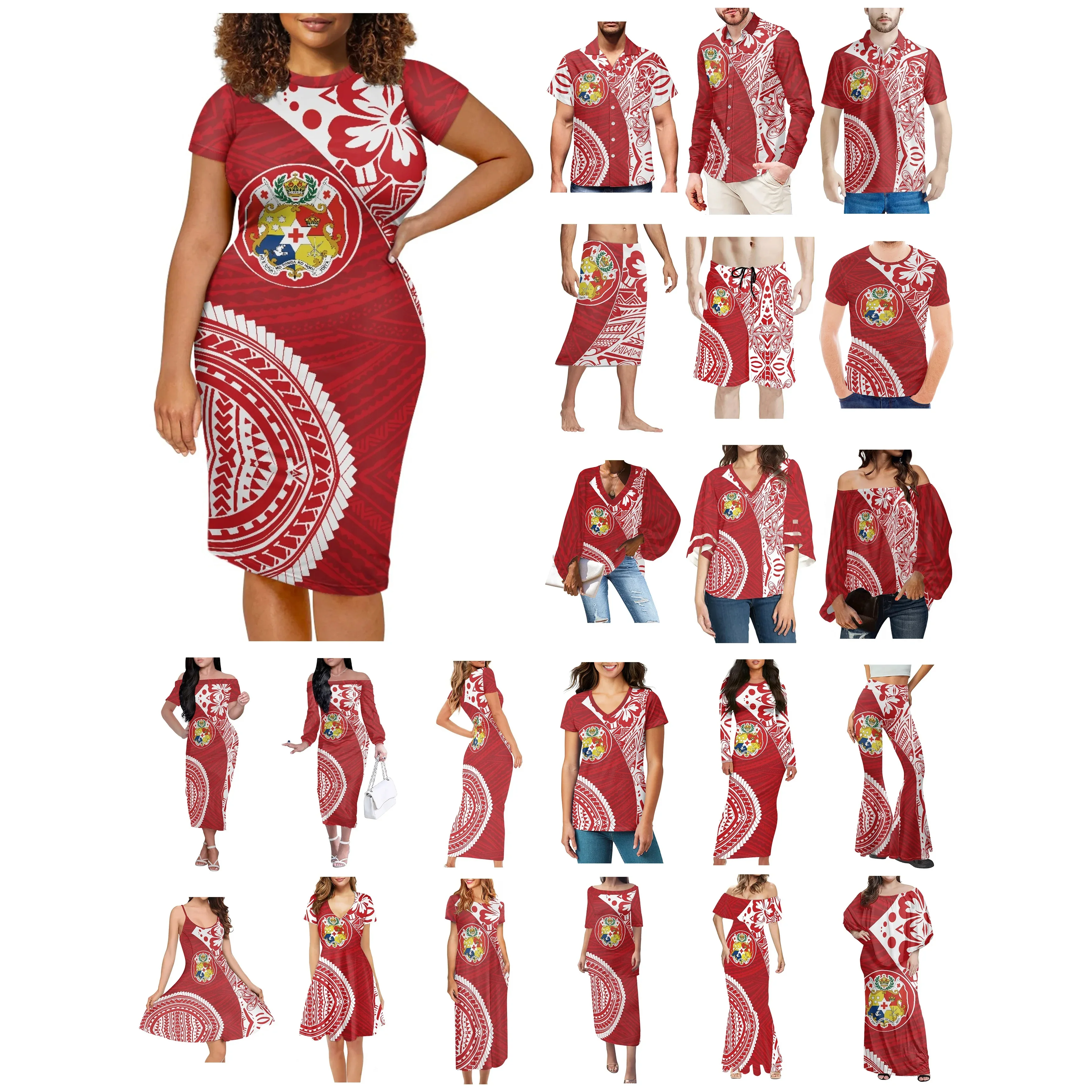 Polynesian Tonga Tribal Tattoo Prints Clothes Women Dress Matching Men Shirt New Comfortable Casual Red White Lover Clothes Wear