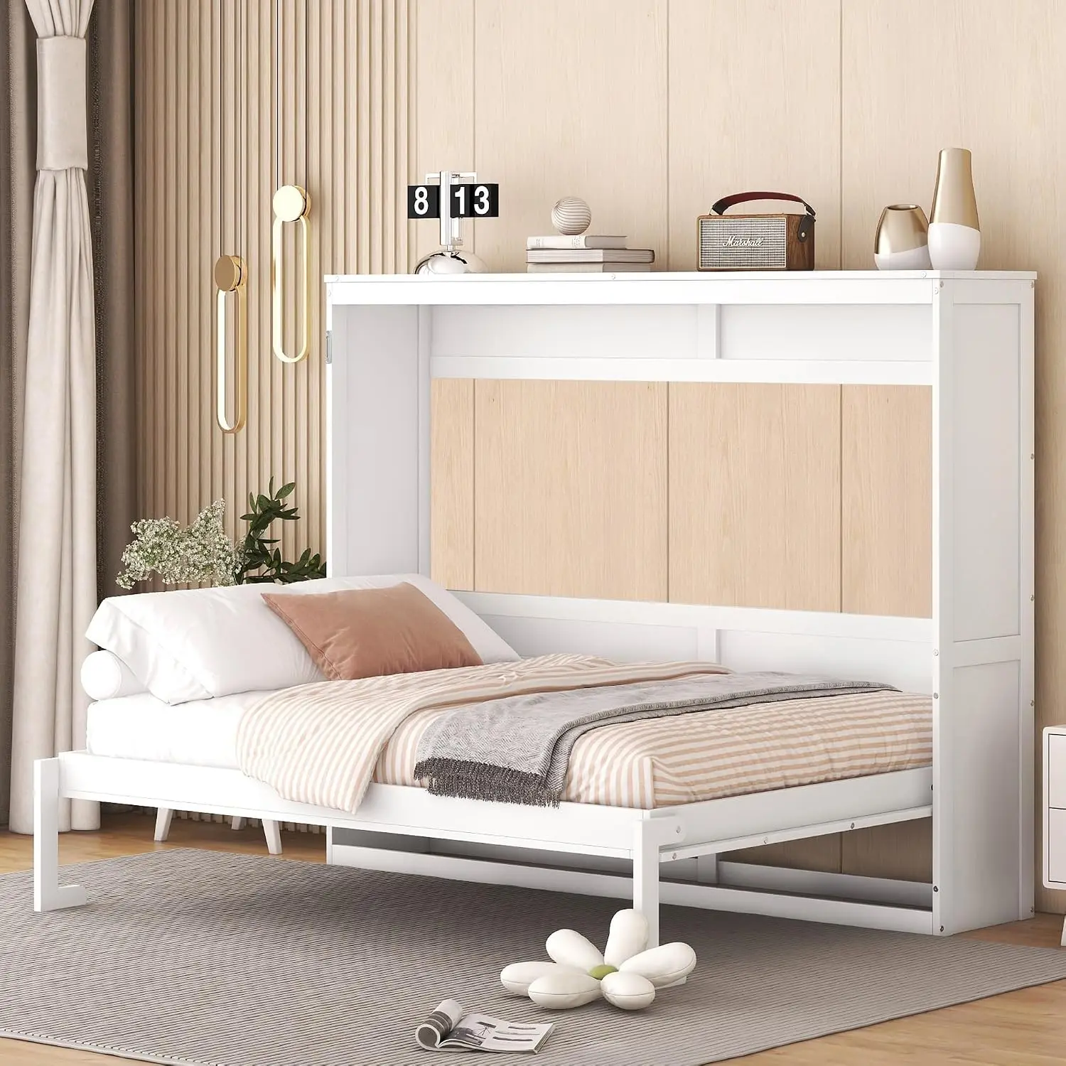 Modern Farmhouse Solid Wood Murphy Bed Chest, Wall Bed with Wood Slat Support/No Box Spring Needed/Space Saving/Full,White