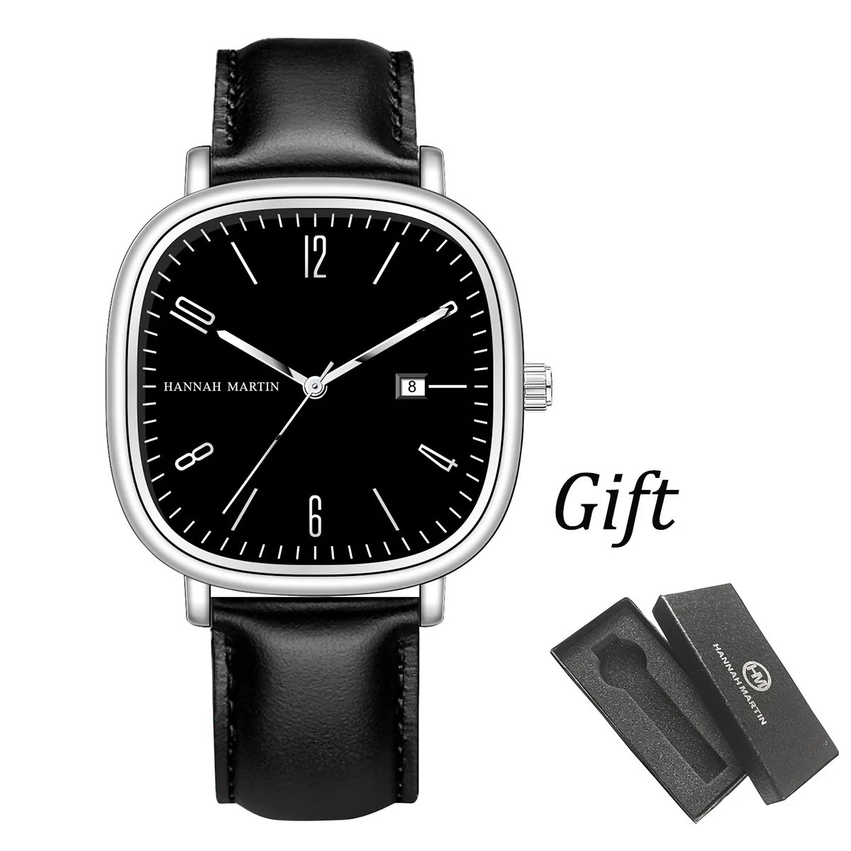 Hannah Martin Business Men Watch Fashion Square 40mm Black Leather Clock Original Quartz Movement 3Bar Waterproof Sports Watches