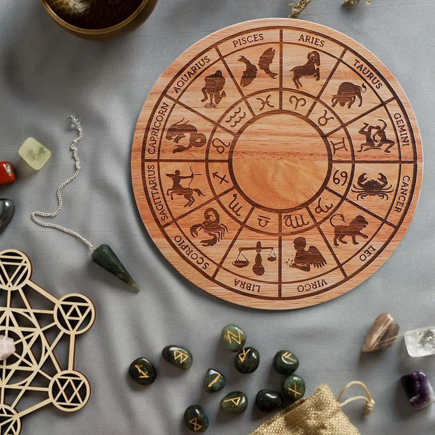 Wooden pentagram wheel, moon phases, calendar ornaments, tarot culture