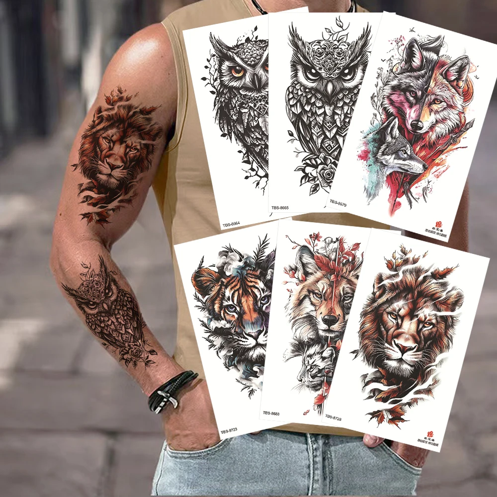 

Водостойкие татуировки с животными, мужские татуировки на руку, одноразовые временные татуировки с рисунком волка и тигра для женщин, маленькие поддельные татуировки