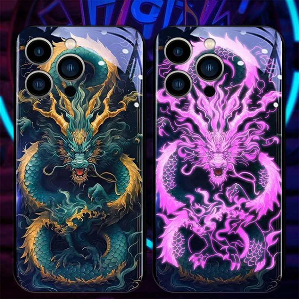 Green Dragon Circles Sound Music Control Led Light Glowing Phone Case For Samsung S24 S23 S22 S21 S20 FE Note 10 Plus 20 Ultra