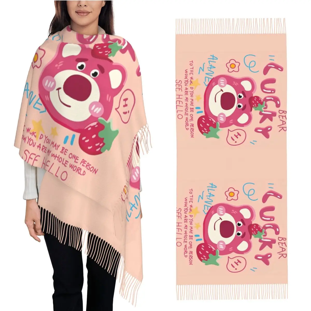 Toy Story Lotso Huggin Bear Scarf Keep Warm Shawls Wrpas with Tassel Men Women Vintage Large Scarves Autumn Designer Bufanda