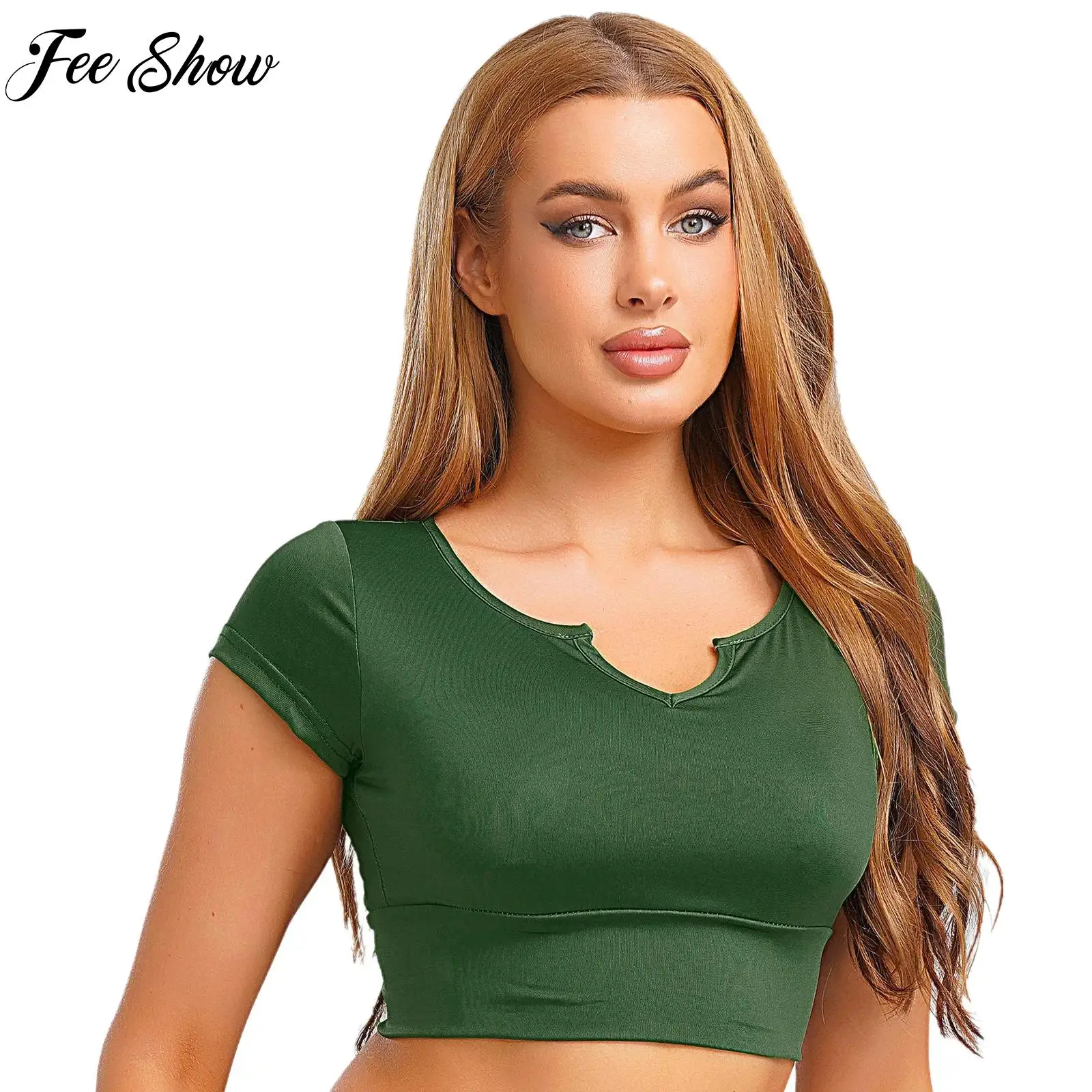 

Women Jogging Tops Yoga Sports Workout Running Costumes V-Neck Short Sleeve Crop Top Slim Fitted Casual Tops with Chest Pads