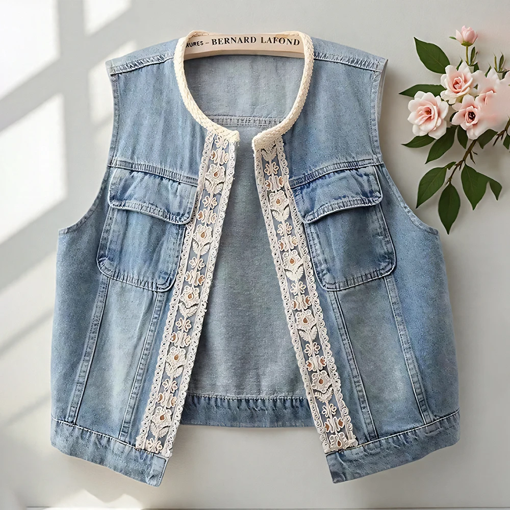 

Ретро кружевной дизайн, женский джинсовый жилет, большие повседневные кардиганы с круглым вырезом, джинсовые куртки без рукавов, 2025 г., модный женский жилет, пальто