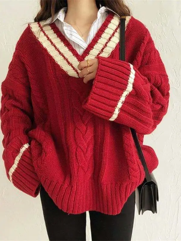 

Мягкий свободный вязаный свитер в стиле ретро с v-образным вырезом, женская модная осенняя одежда, ленивый поворотный топ, удобная повседневная женская одежда