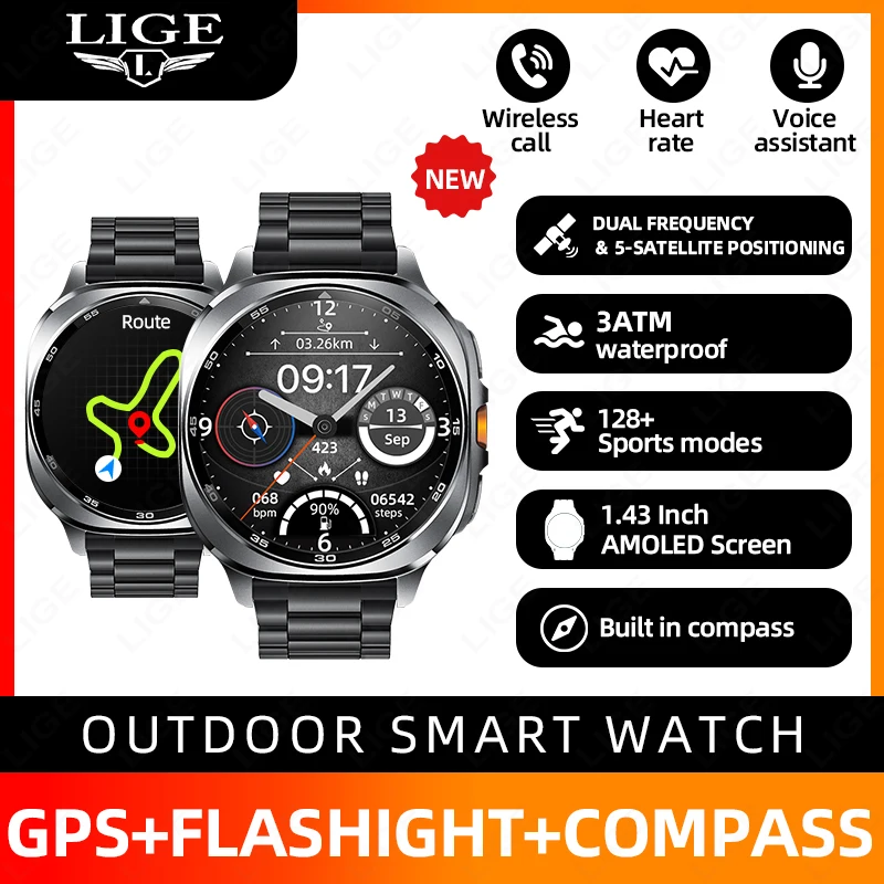 

LIGE GPS Smart Watch Premium Military Bluetooth Call Outdoor Sports 3ATM Waterproof AMOLED 1.43 Inch Screen New Smartwatch Men